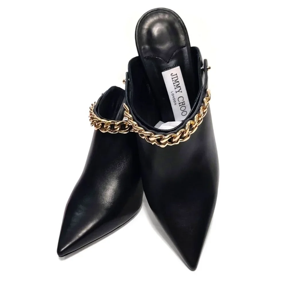 Jimmy Choo Lexx 100 Black Leather Gold Color Chain EU 37 US 7 Mules - Picture 5 of 12